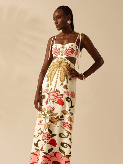 CAJUNI Vestido Longo Cropped Casual com Amarração na Frente, Estampa Tropical Colorida de Coqueiros e Flores, Sem Mangas, Vestido de Praia para Férias