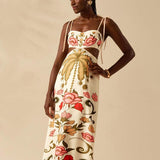 CAJUNI Vestido Longo Cropped Casual com Amarração na Frente, Estampa Tropical Colorida de Coqueiros e Flores, Sem Mangas, Vestido de Praia para Férias