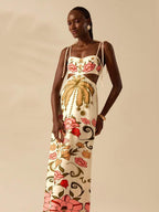 CAJUNI Vestido Longo Cropped Casual com Amarração na Frente, Estampa Tropical Colorida de Coqueiros e Flores, Sem Mangas, Vestido de Praia para Férias