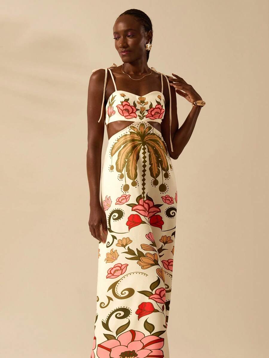 CAJUNI Vestido Longo Cropped Casual com Amarração na Frente, Estampa Tropical Colorida de Coqueiros e Flores, Sem Mangas, Vestido de Praia para Férias