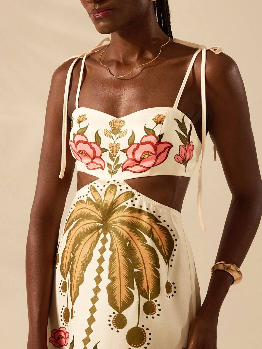 CAJUNI Vestido Longo Cropped Casual com Amarração na Frente, Estampa Tropical Colorida de Coqueiros e Flores, Sem Mangas, Vestido de Praia para Férias