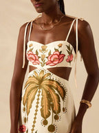 CAJUNI Vestido Longo Cropped Casual com Amarração na Frente, Estampa Tropical Colorida de Coqueiros e Flores, Sem Mangas, Vestido de Praia para Férias