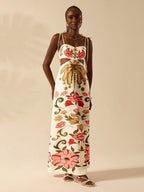 CAJUNI Vestido Longo Cropped Casual com Amarração na Frente, Estampa Tropical Colorida de Coqueiros e Flores, Sem Mangas, Vestido de Praia para Férias