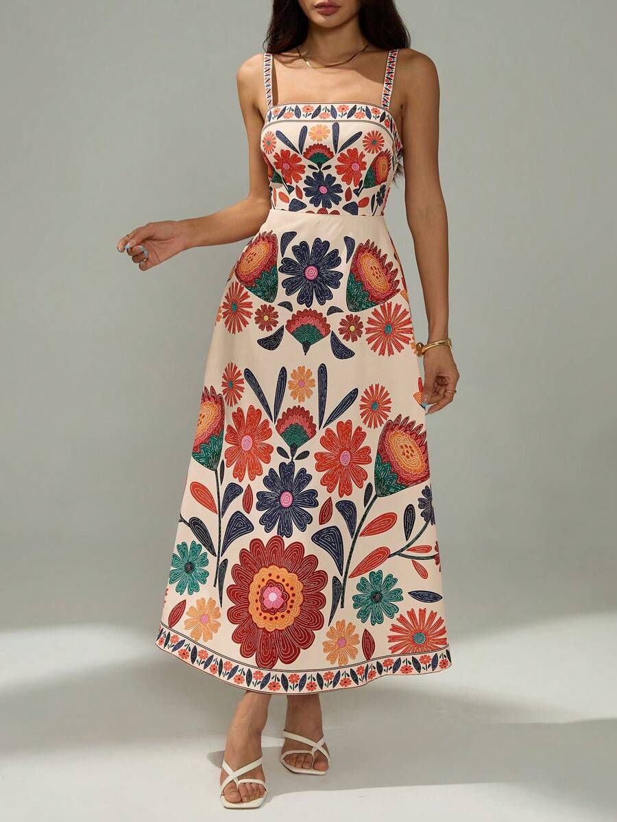 Vestido Casual de Férias com Estampa Floral, Cintura Franzida e Silhueta em A, Sem Mangas, Primavera/Verão