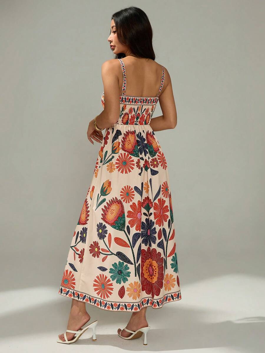 Vestido Casual de Férias com Estampa Floral, Cintura Franzida e Silhueta em A, Sem Mangas, Primavera/Verão
