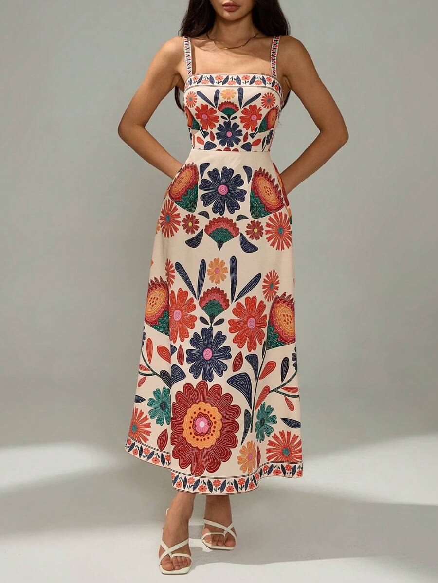 Vestido Casual de Férias com Estampa Floral, Cintura Franzida e Silhueta em A, Sem Mangas, Primavera/Verão