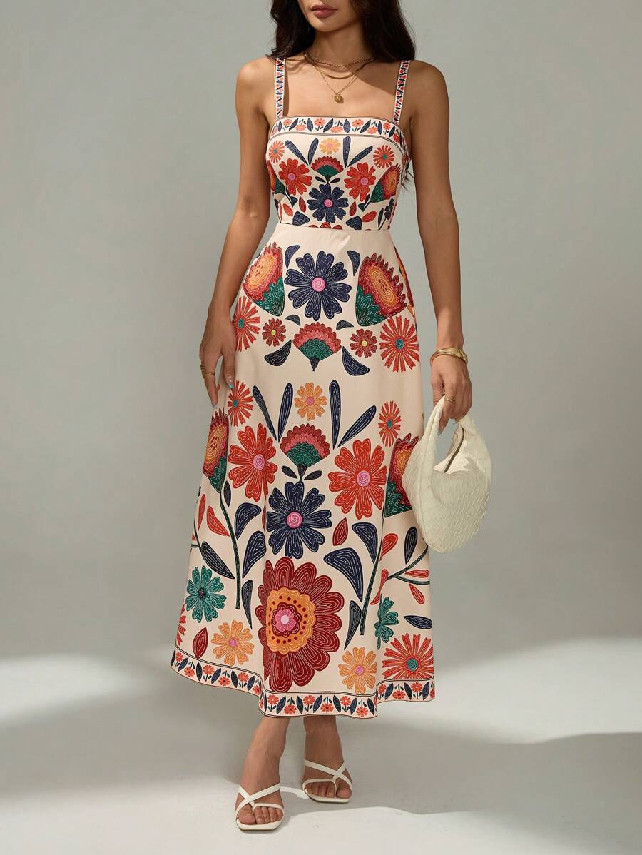 Vestido Casual de Férias com Estampa Floral, Cintura Franzida e Silhueta em A, Sem Mangas, Primavera/Verão