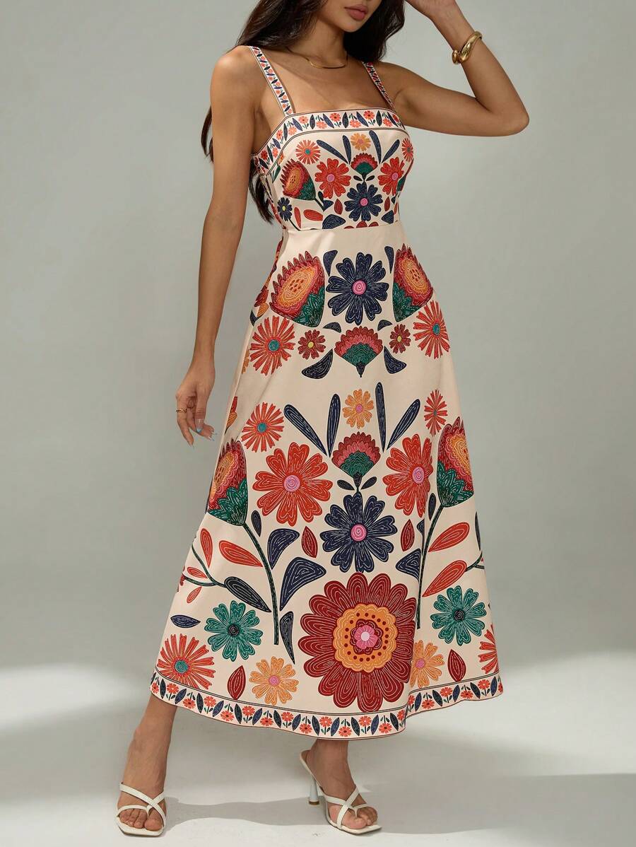 Vestido Casual de Férias com Estampa Floral, Cintura Franzida e Silhueta em A, Sem Mangas, Primavera/Verão