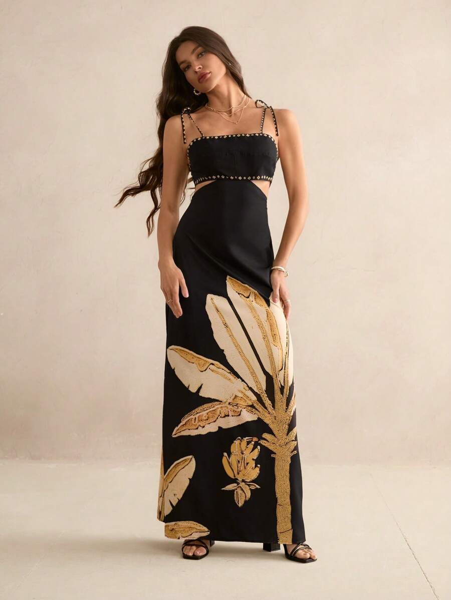 SHEIN Tall Vestido casual de verão para férias, estampa de árvores de banana boho feminino, sem mangas com amarração nas costas na cintura vazada, vestido preto