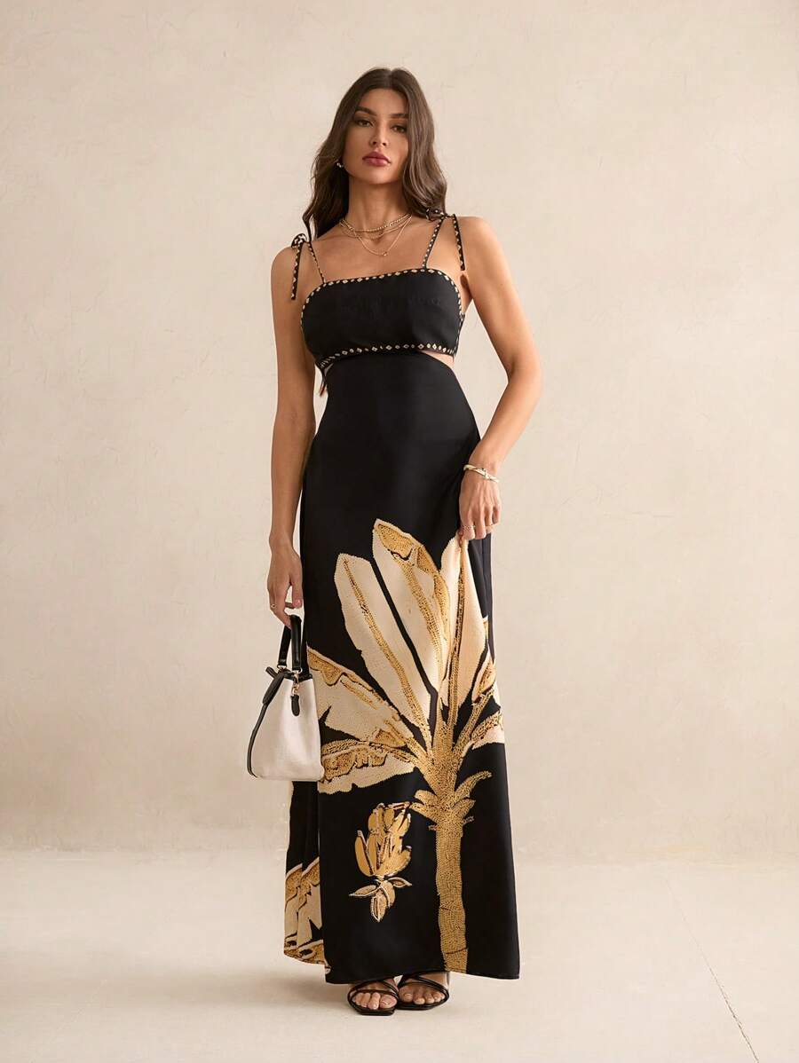 SHEIN Tall Vestido casual de verão para férias, estampa de árvores de banana boho feminino, sem mangas com amarração nas costas na cintura vazada, vestido preto