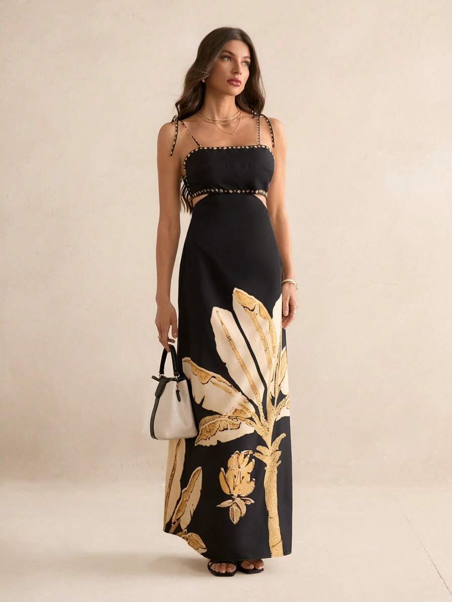 SHEIN Tall Vestido casual de verão para férias, estampa de árvores de banana boho feminino, sem mangas com amarração nas costas na cintura vazada, vestido preto