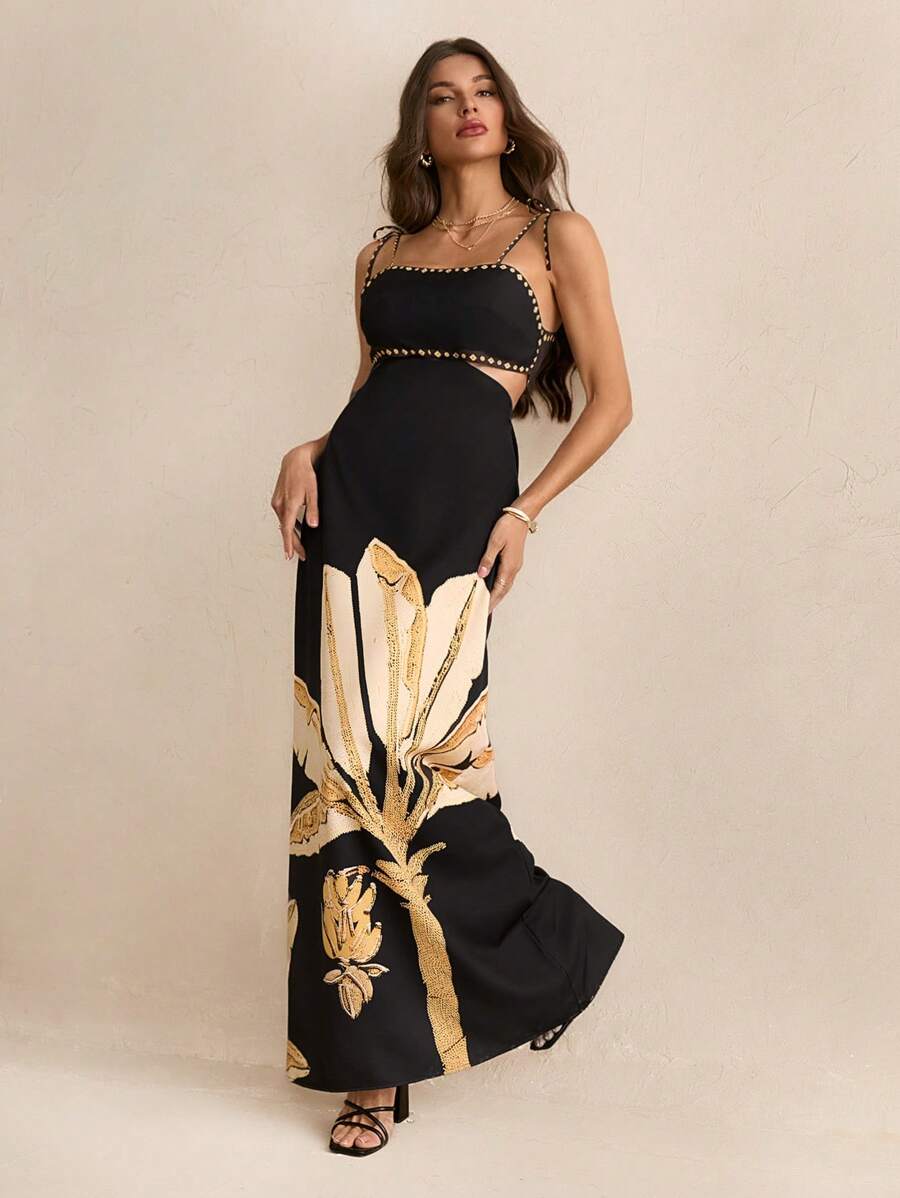 SHEIN Tall Vestido casual de verão para férias, estampa de árvores de banana boho feminino, sem mangas com amarração nas costas na cintura vazada, vestido preto