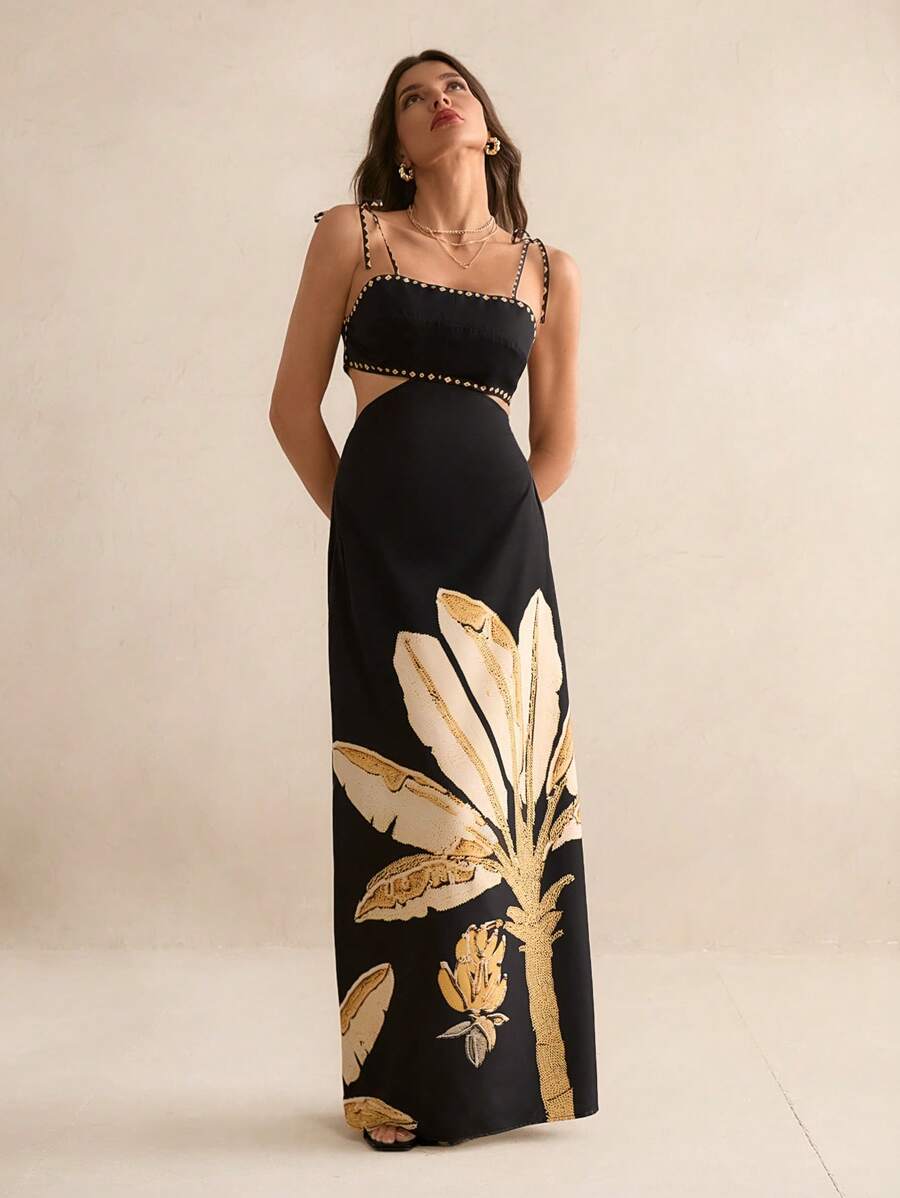 SHEIN Tall Vestido casual de verão para férias, estampa de árvores de banana boho feminino, sem mangas com amarração nas costas na cintura vazada, vestido preto