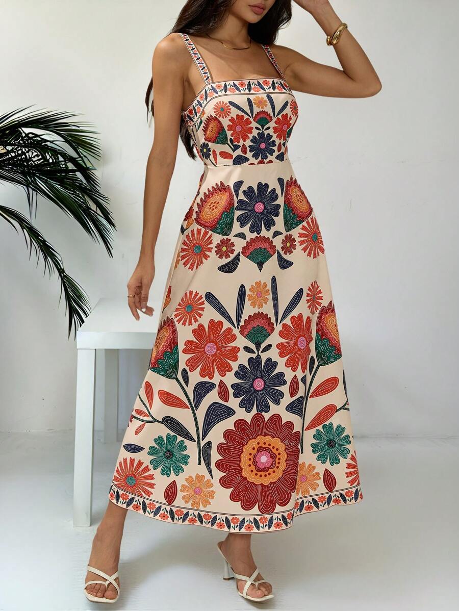 Vestido Casual de Férias com Estampa Floral, Cintura Franzida e Silhueta em A, Sem Mangas, Primavera/Verão
