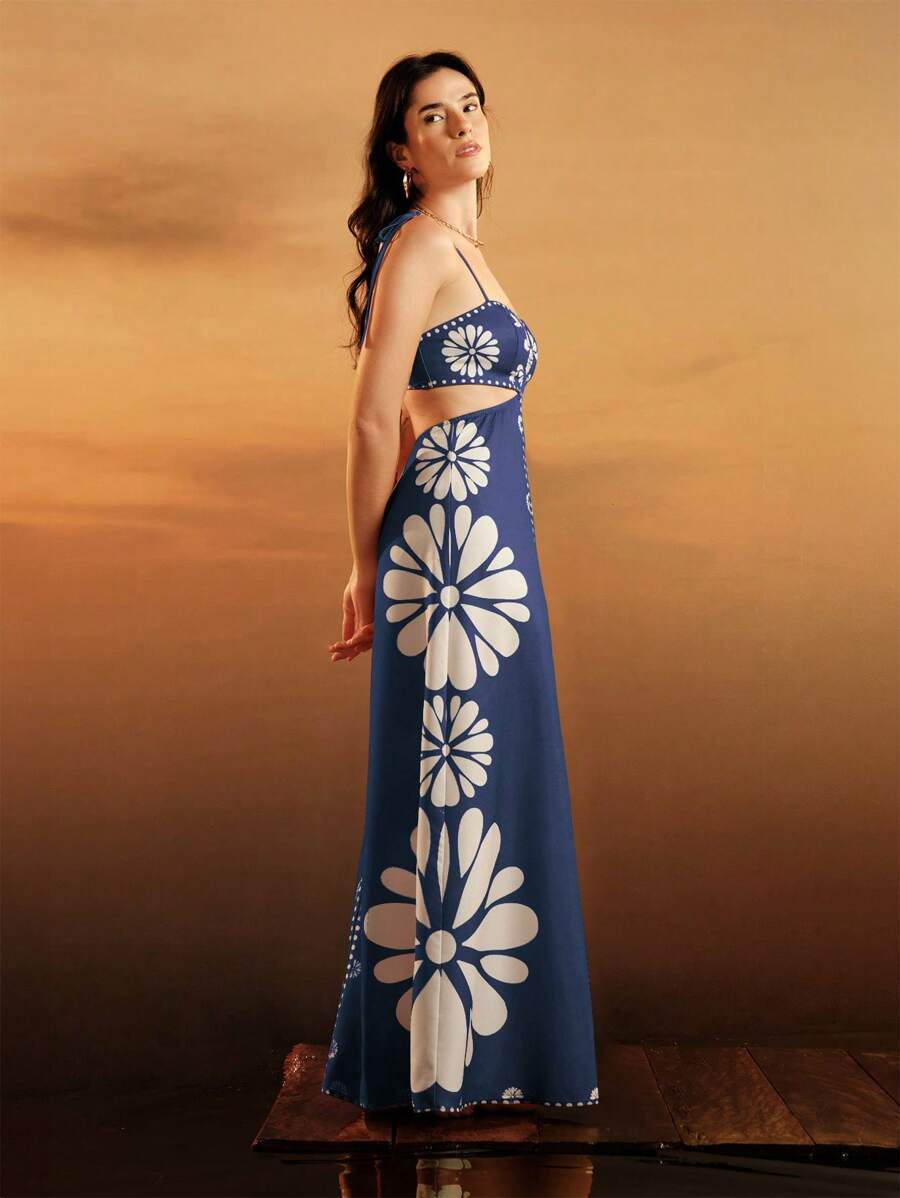 CAJUNI Vestido Estampado Tropical Laranja com Amarração na Cintura, Estilo Boêmio Feminino, Vestido de Praia Casual Solto para o Verão