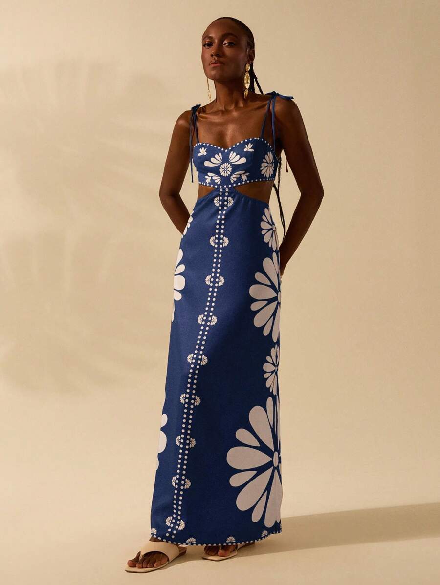 CAJUNI Vestido Estampado Tropical Laranja com Amarração na Cintura, Estilo Boêmio Feminino, Vestido de Praia Casual Solto para o Verão