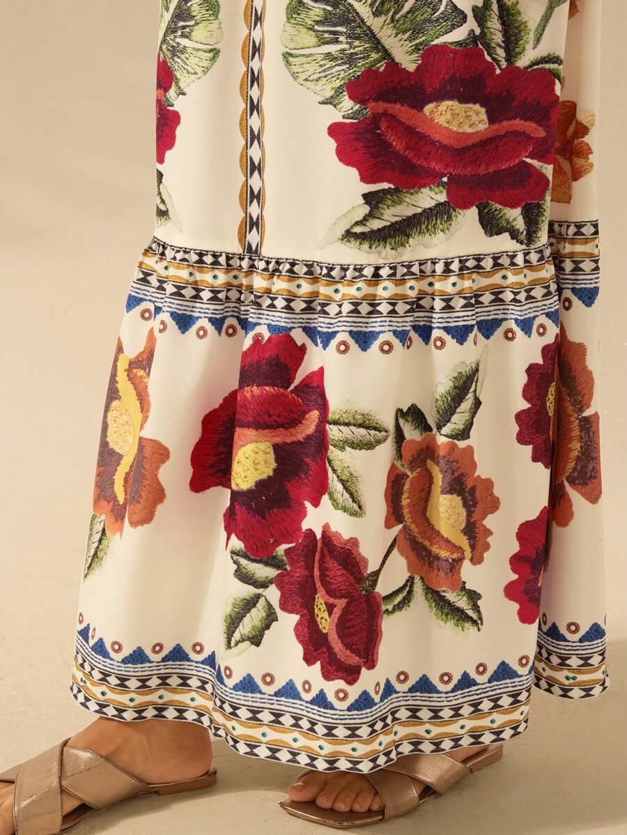 CAJUNI Vestido de Férias Feminino Boêmio com Estampa Floral, Gola em V, Manga Longa, Costas Vazadas, Cintura A-line