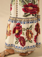 CAJUNI Vestido de Férias Feminino Boêmio com Estampa Floral, Gola em V, Manga Longa, Costas Vazadas, Cintura A-line