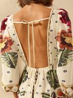 CAJUNI Vestido de Férias Feminino Boêmio com Estampa Floral, Gola em V, Manga Longa, Costas Vazadas, Cintura A-line