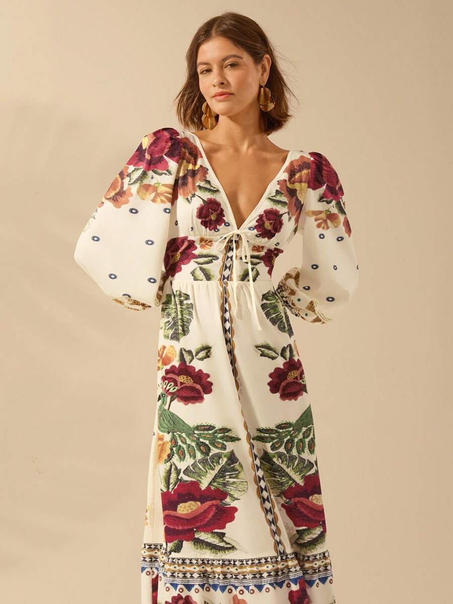 CAJUNI Vestido de Férias Feminino Boêmio com Estampa Floral, Gola em V, Manga Longa, Costas Vazadas, Cintura A-line