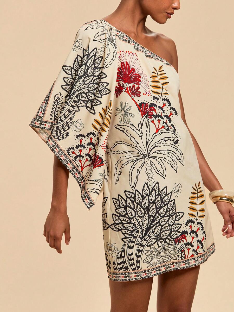 Travachic Vestido Curto Assimétrico de Mulher com Estampa Tropical