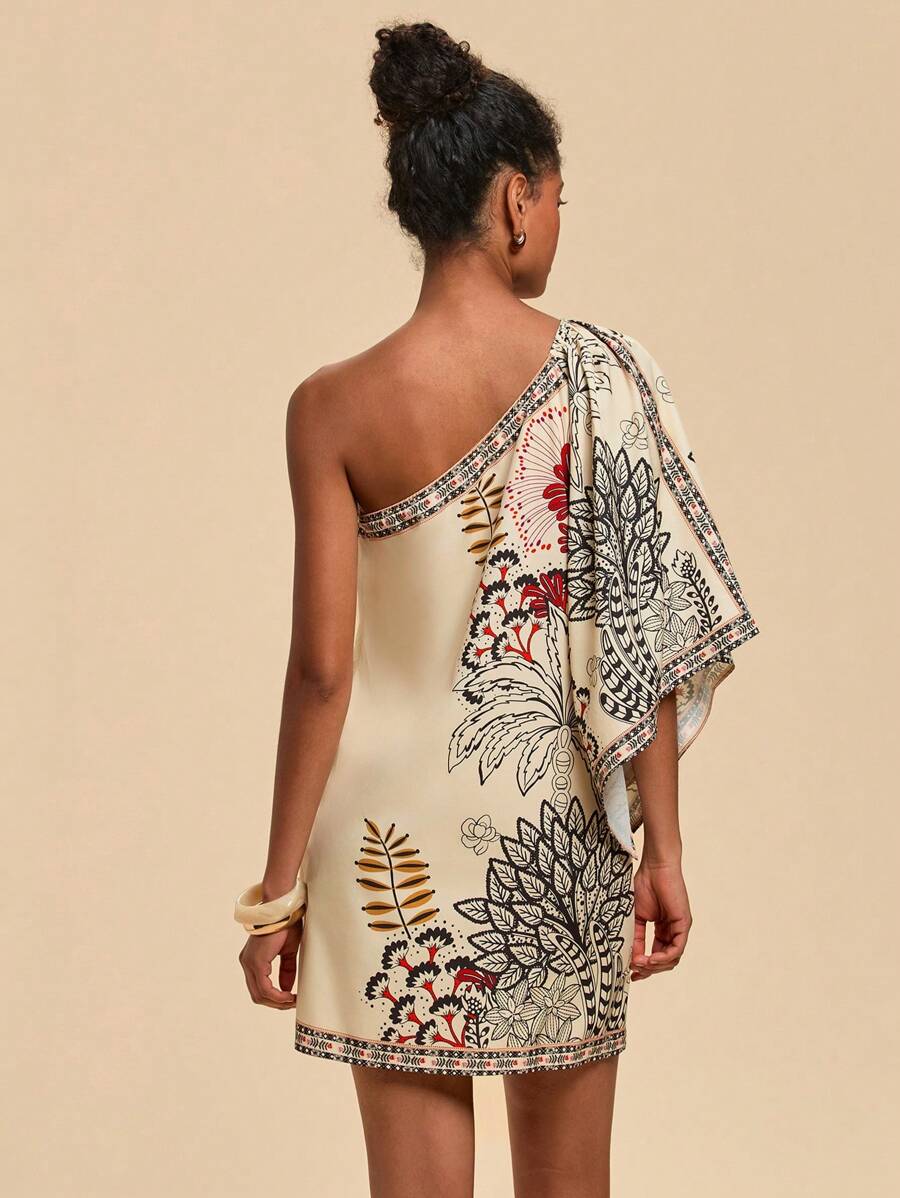 Travachic Vestido Curto Assimétrico de Mulher com Estampa Tropical