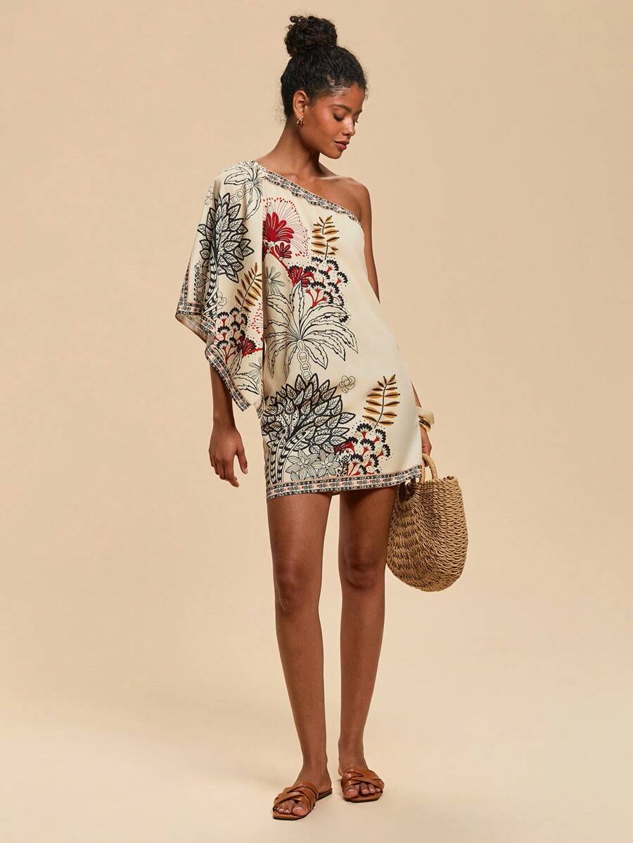 Travachic Vestido Curto Assimétrico de Mulher com Estampa Tropical