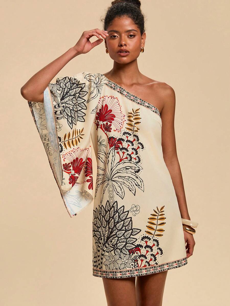 Travachic Vestido Curto Assimétrico de Mulher com Estampa Tropical