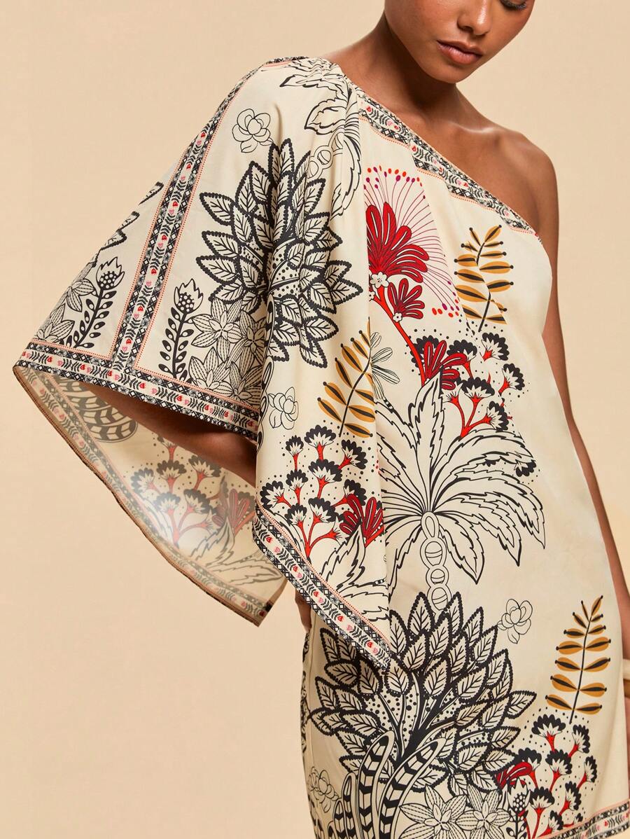 Travachic Vestido Curto Assimétrico de Mulher com Estampa Tropical