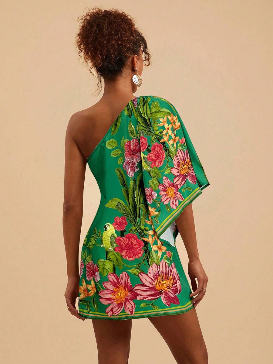 Travachic Vestido Curto Assimétrico de Mulher com Estampa Tropical