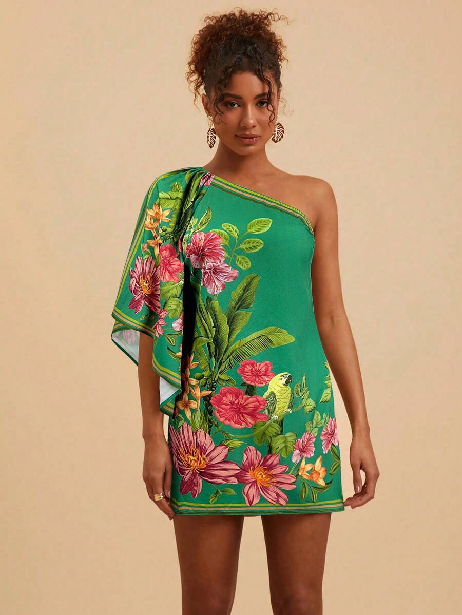 Travachic Vestido Curto Assimétrico de Mulher com Estampa Tropical