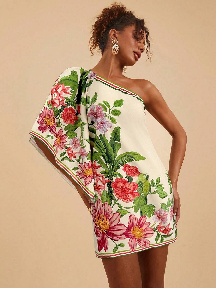 Travachic Vestido Curto Assimétrico de Mulher com Estampa Tropical