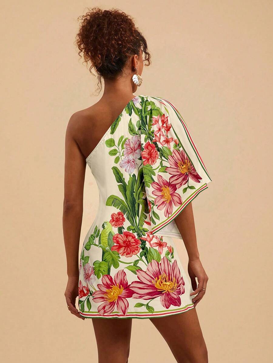 Travachic Vestido Curto Assimétrico de Mulher com Estampa Tropical