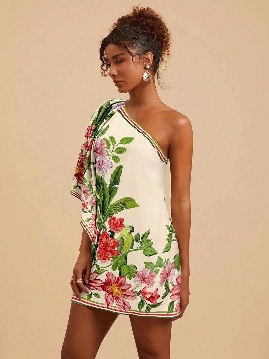 Travachic Vestido Curto Assimétrico de Mulher com Estampa Tropical