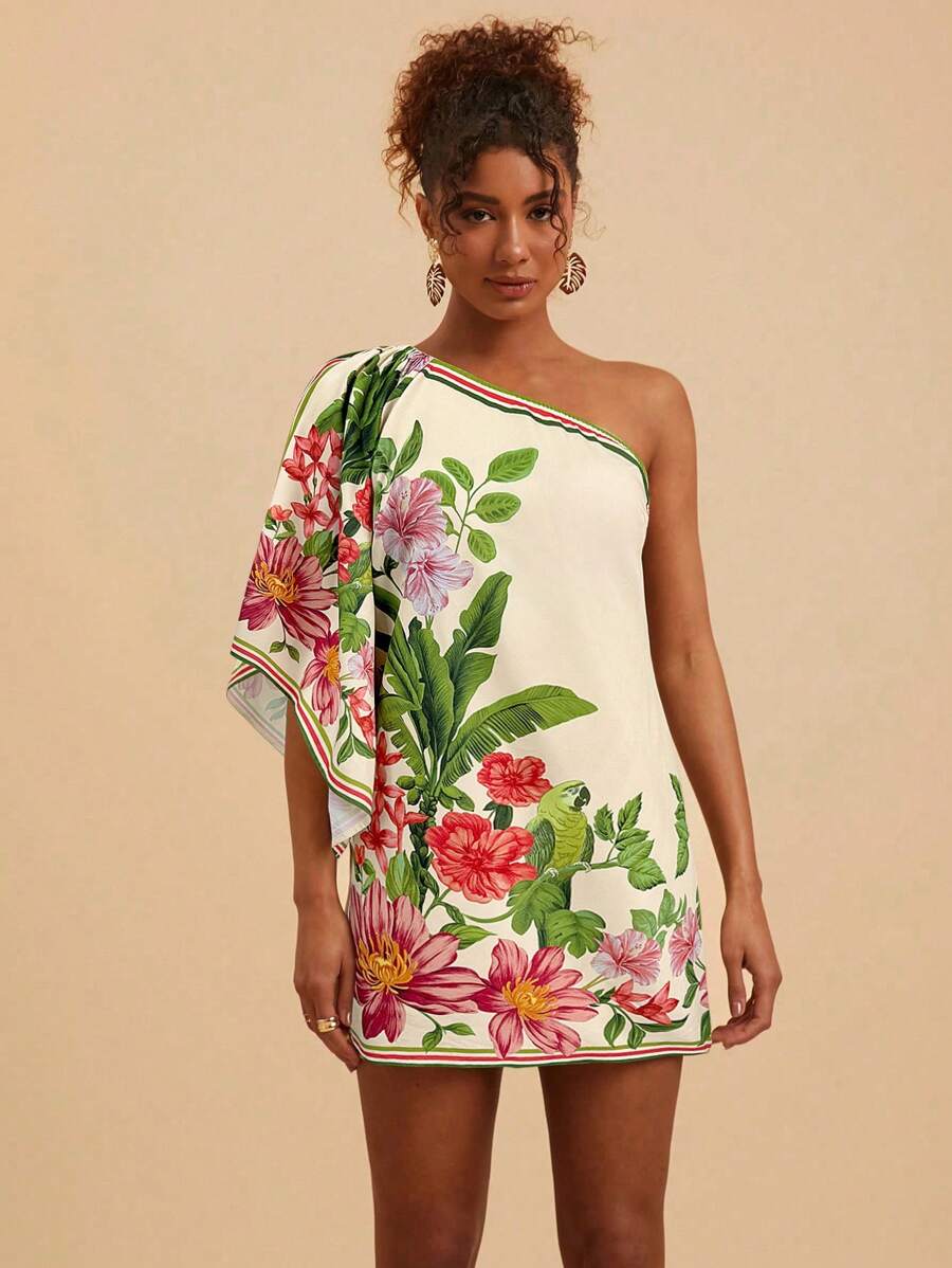 Travachic Vestido Curto Assimétrico de Mulher com Estampa Tropical