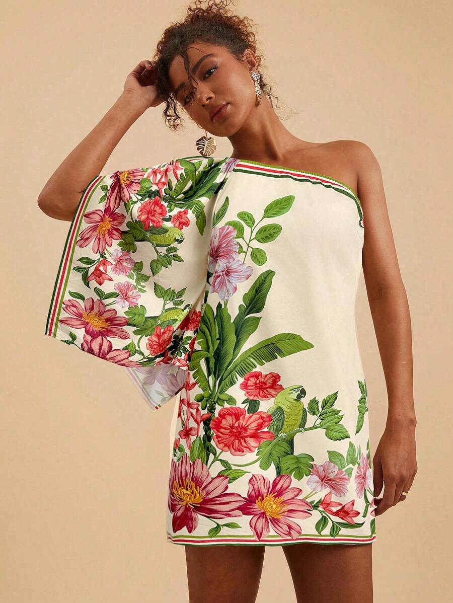 Travachic Vestido Curto Assimétrico de Mulher com Estampa Tropical