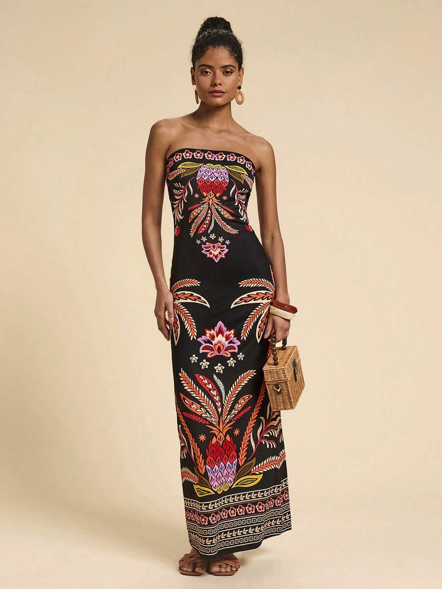 Travachic Vestido Bandeau Multicolorido Impresso para Mulheres, Férias