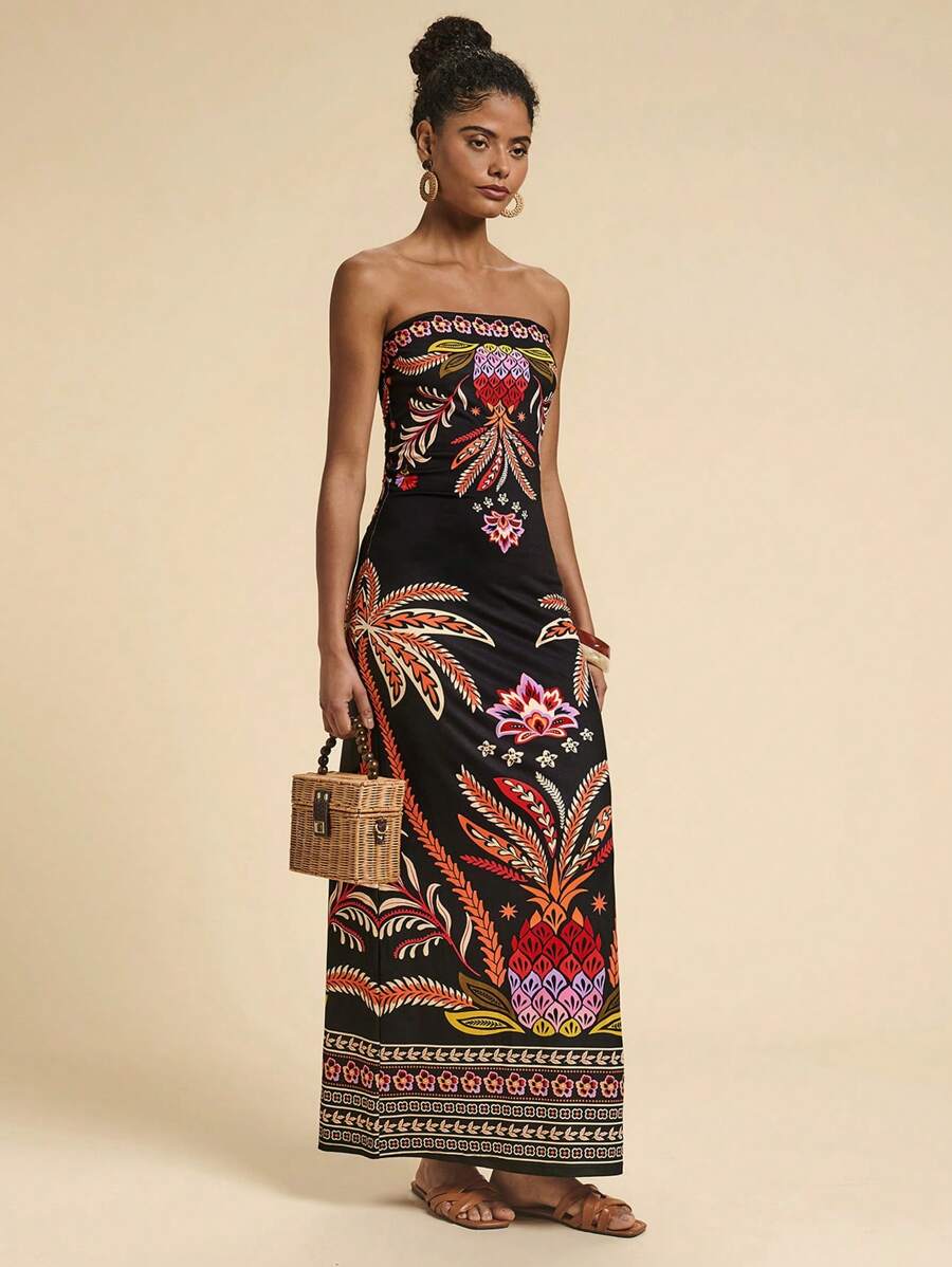 Travachic Vestido Bandeau Multicolorido Impresso para Mulheres, Férias