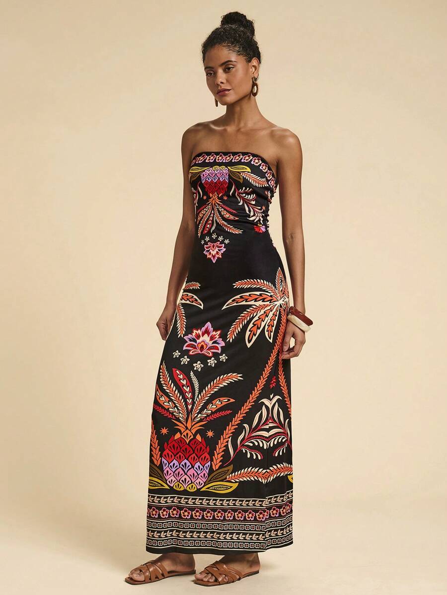 Travachic Vestido Bandeau Multicolorido Impresso para Mulheres, Férias