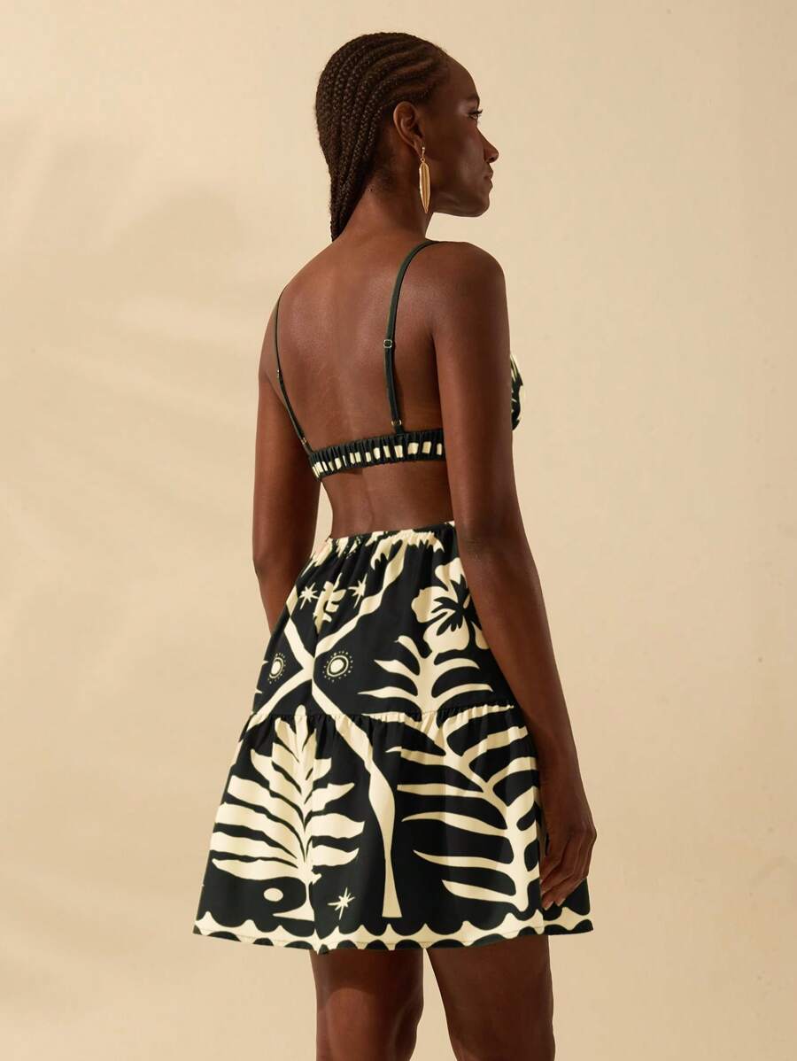 CAJUNI Vestido Curto Feminino Boêmio com Estampa Tropical de Coqueiro Verde e Sol, Decote em V Profundo e Costas Abertas em Corte A-Line