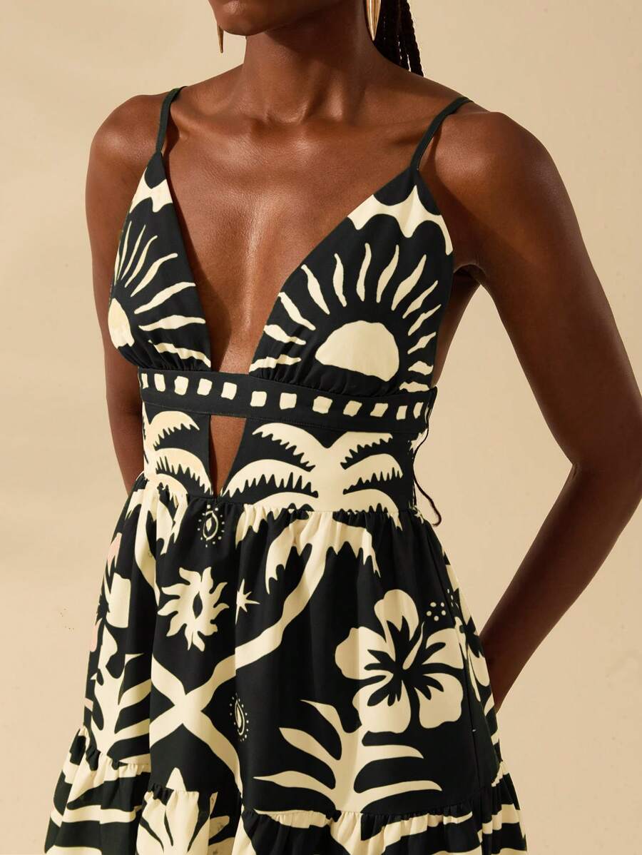 CAJUNI Vestido Curto Feminino Boêmio com Estampa Tropical de Coqueiro Verde e Sol, Decote em V Profundo e Costas Abertas em Corte A-Line