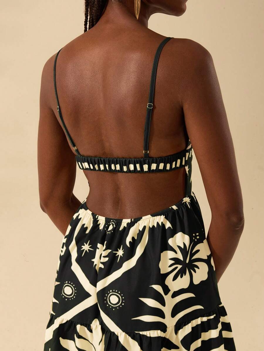 CAJUNI Vestido Curto Feminino Boêmio com Estampa Tropical de Coqueiro Verde e Sol, Decote em V Profundo e Costas Abertas em Corte A-Line