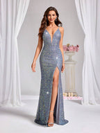 Allurite Vestido Camisole com Fenda Lateral e Lantejoulas para Festa de Férias, Roupa Longa Mulheres