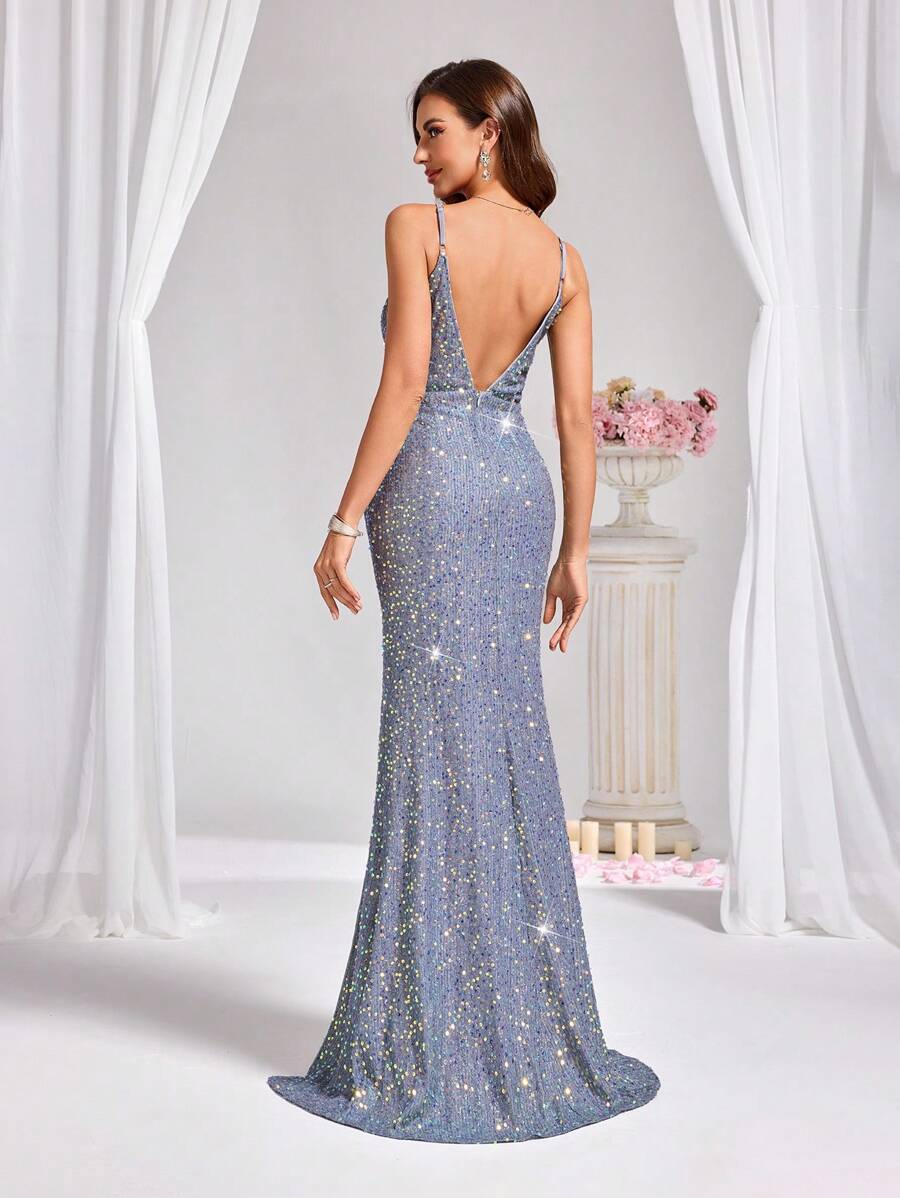 Allurite Vestido Camisole com Fenda Lateral e Lantejoulas para Festa de Férias, Roupa Longa Mulheres