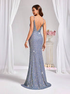 Allurite Vestido Camisole com Fenda Lateral e Lantejoulas para Festa de Férias, Roupa Longa Mulheres