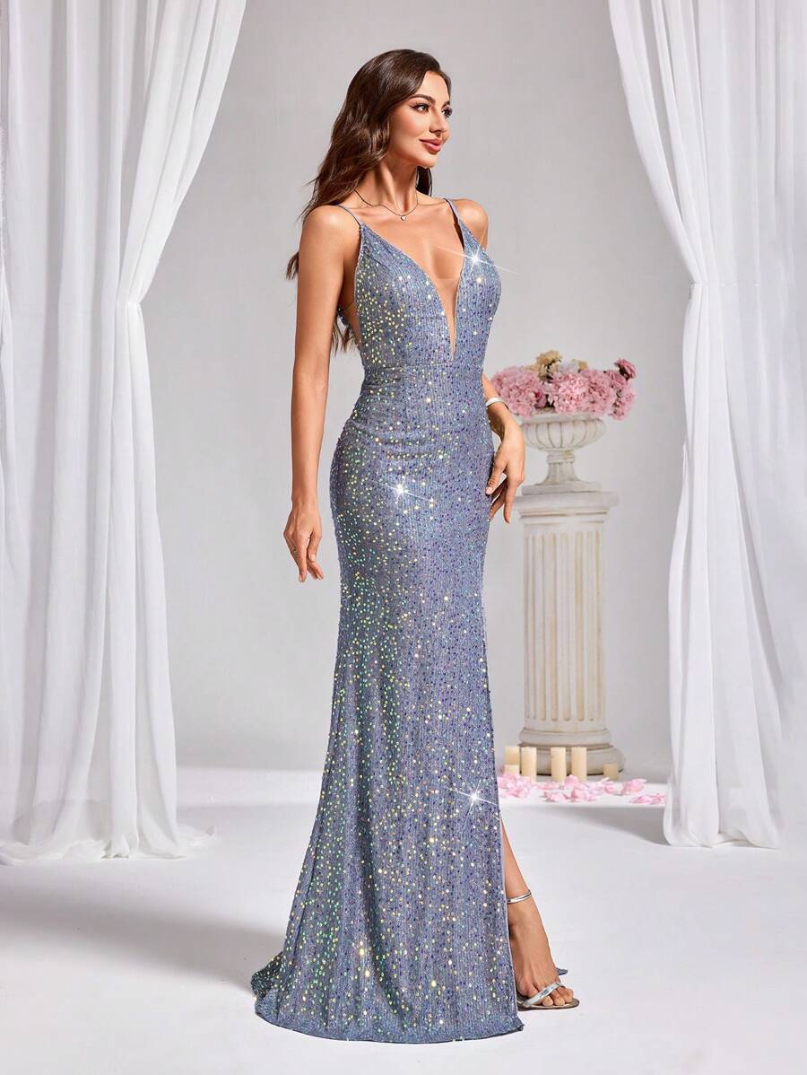 Allurite Vestido Camisole com Fenda Lateral e Lantejoulas para Festa de Férias, Roupa Longa Mulheres