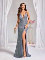 Allurite Vestido Camisole com Fenda Lateral e Lantejoulas para Festa de Férias, Roupa Longa Mulheres