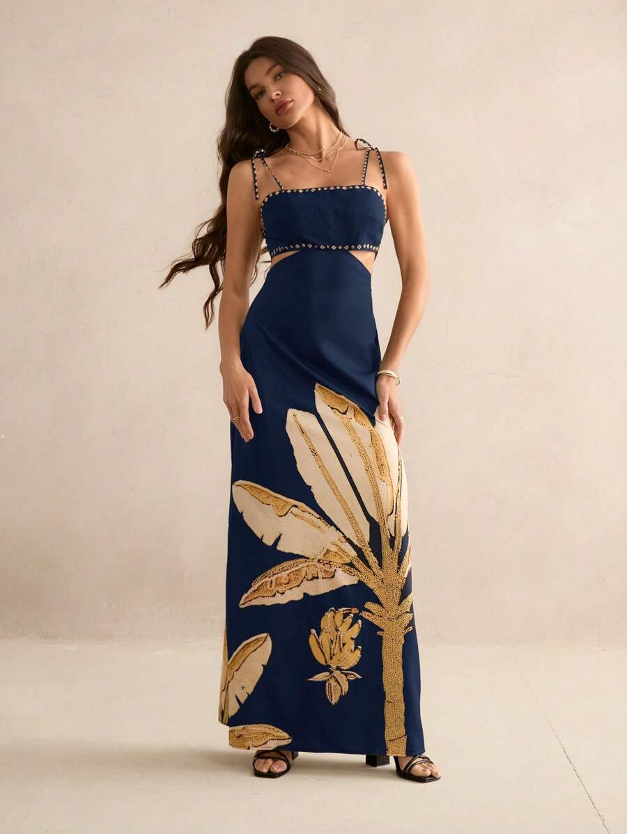 SHEIN Tall Vestido casual de verão para férias, estampa de árvores de banana boho feminino, sem mangas com amarração nas costas na cintura vazada, vestido preto