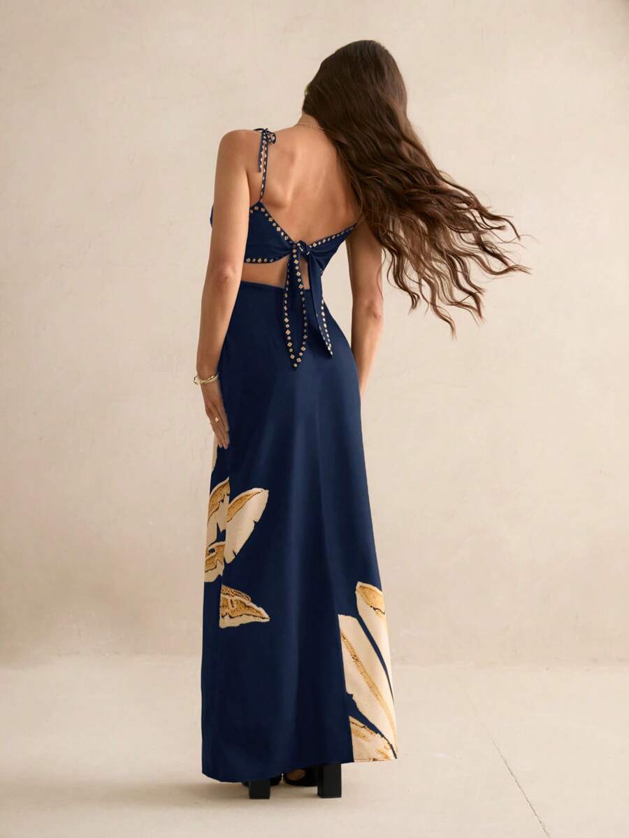 SHEIN Tall Vestido casual de verão para férias, estampa de árvores de banana boho feminino, sem mangas com amarração nas costas na cintura vazada, vestido preto