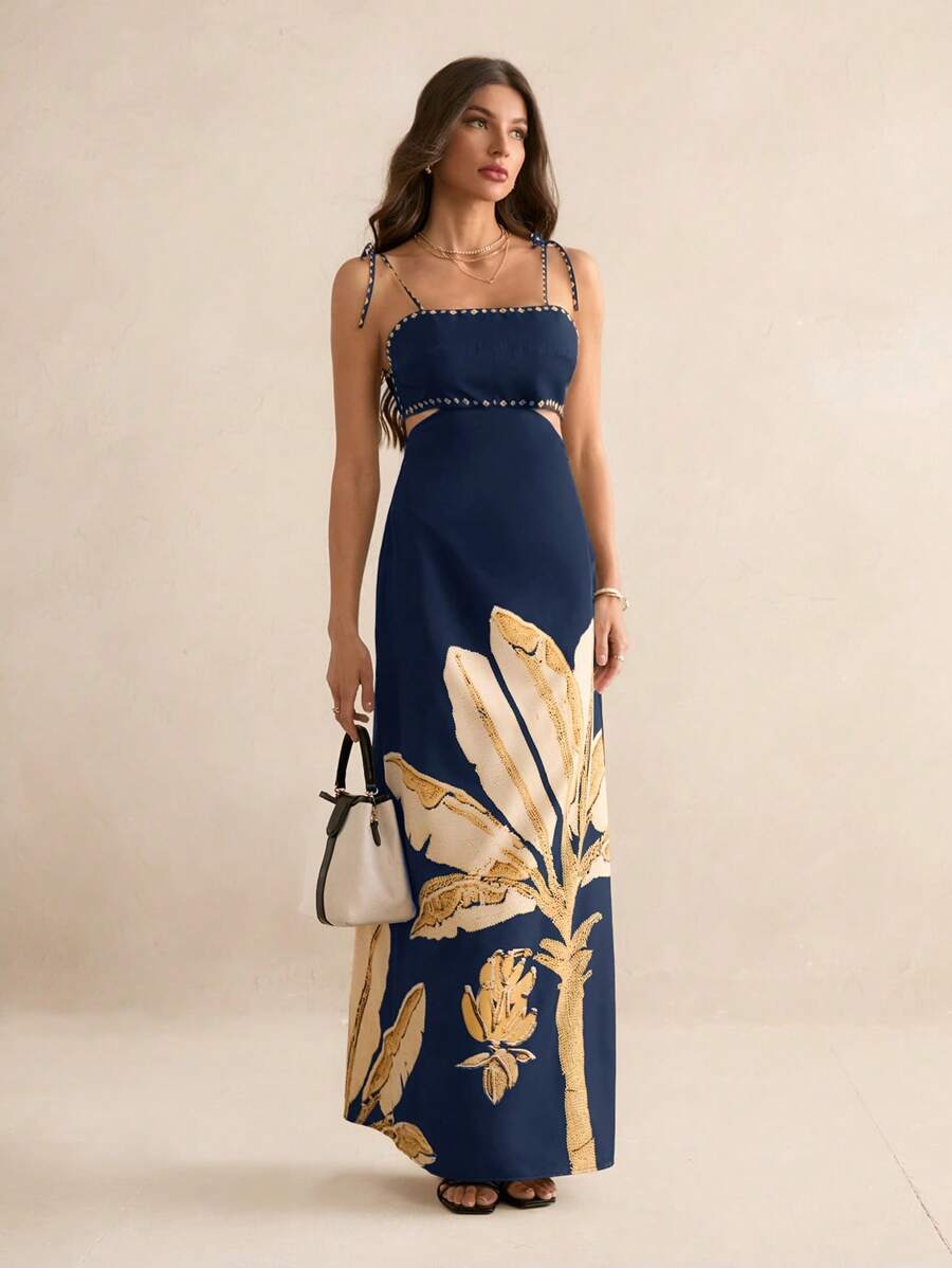 SHEIN Tall Vestido casual de verão para férias, estampa de árvores de banana boho feminino, sem mangas com amarração nas costas na cintura vazada, vestido preto